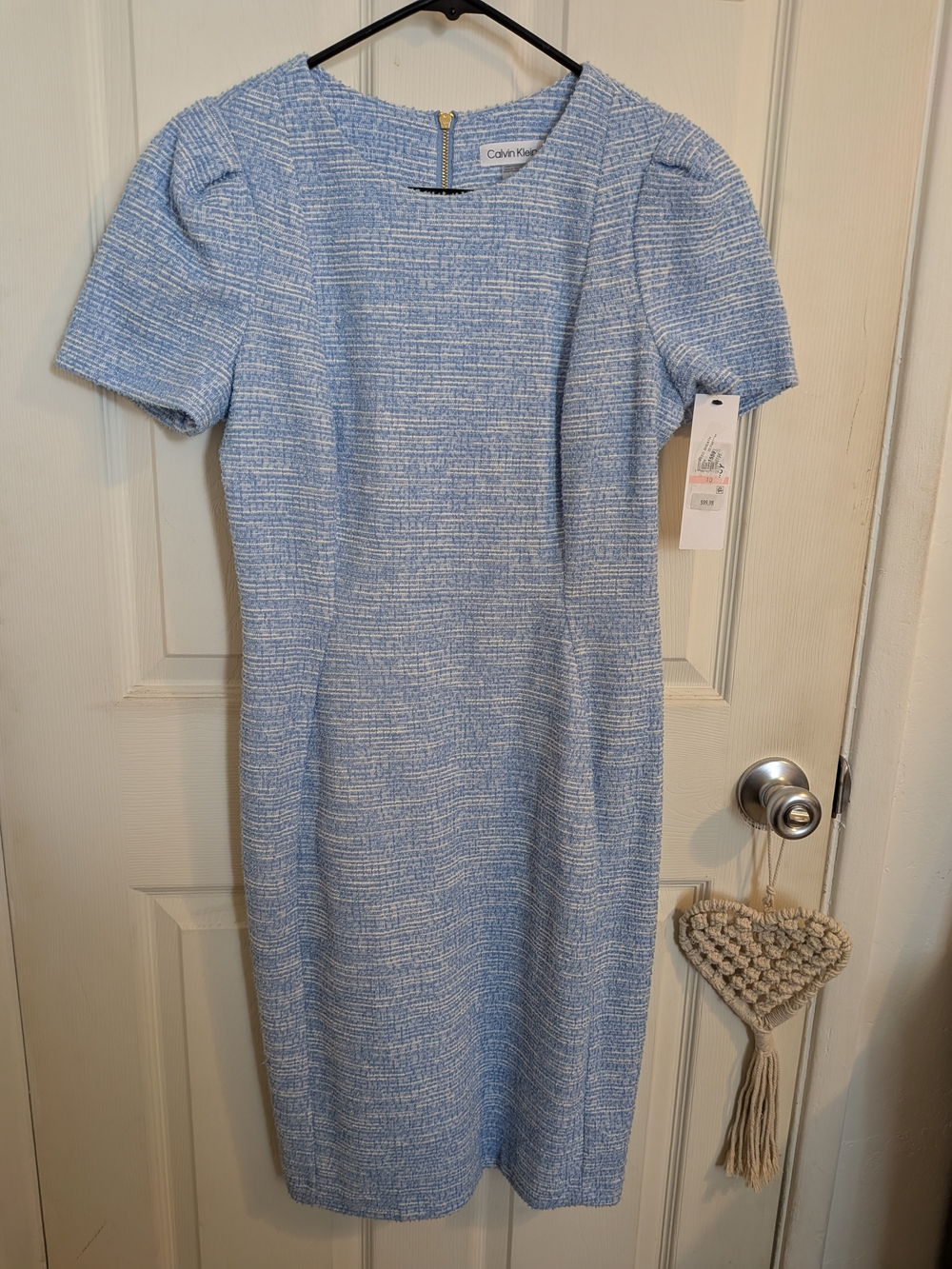 Calvin Klein Powder Blue Cotton Tweed  Sheath Midi Dress NWT